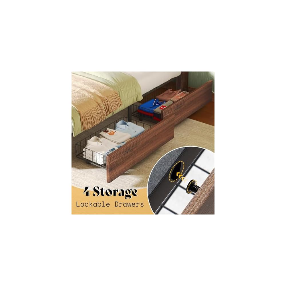 Queen Size Farmhouse Bed Frame with 4 Storage Drawers