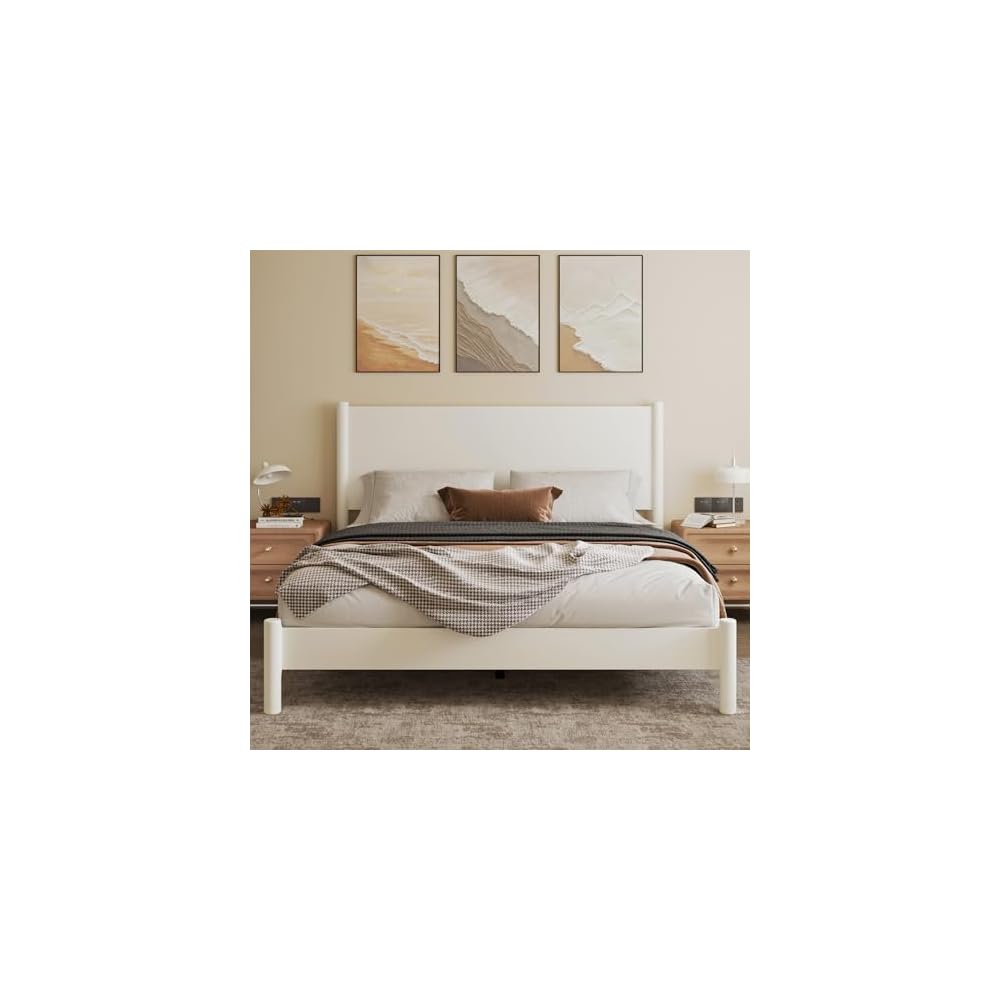 King Size Modern Minimalist Wood Platform Bed Frame, White