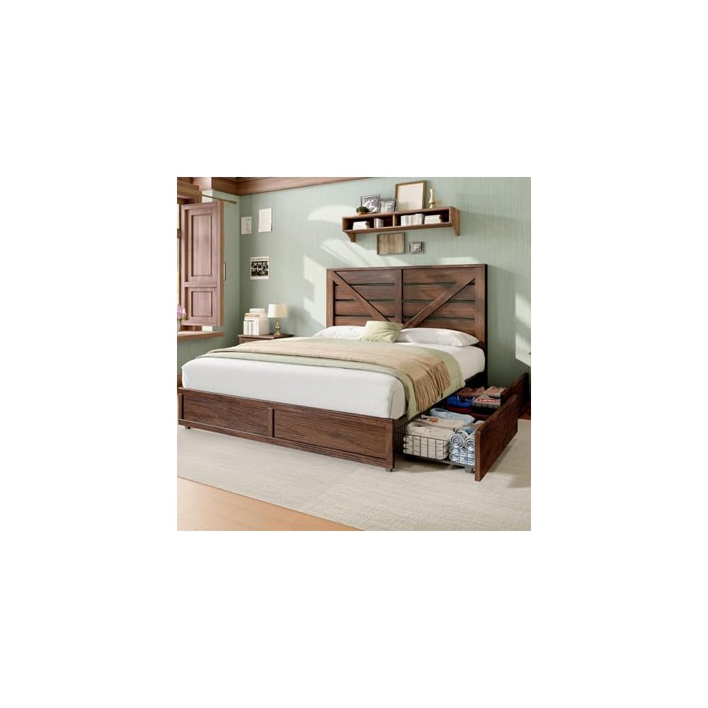 Queen Size Farmhouse Bed Frame with 4 Storage Drawers