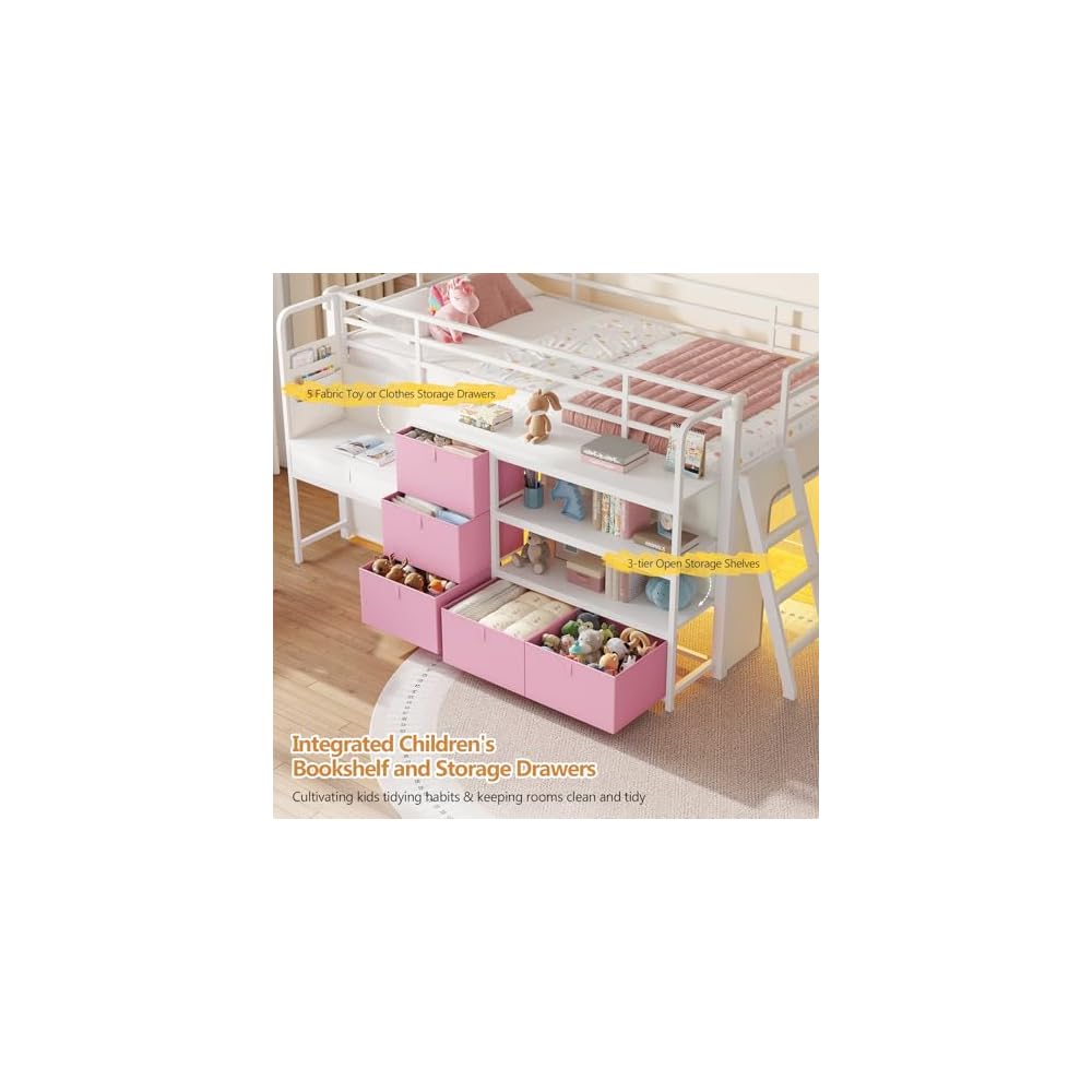 Low Loft Bed with Desk and 6 Storage Drawers Twin Loft Bed with Bookshelf,LED Lights & Under-Bed Play Space,Kids Twin Beds with 13.8''H Safety Guardrail,Inclined Ladder&Play Curtain,Pink+White