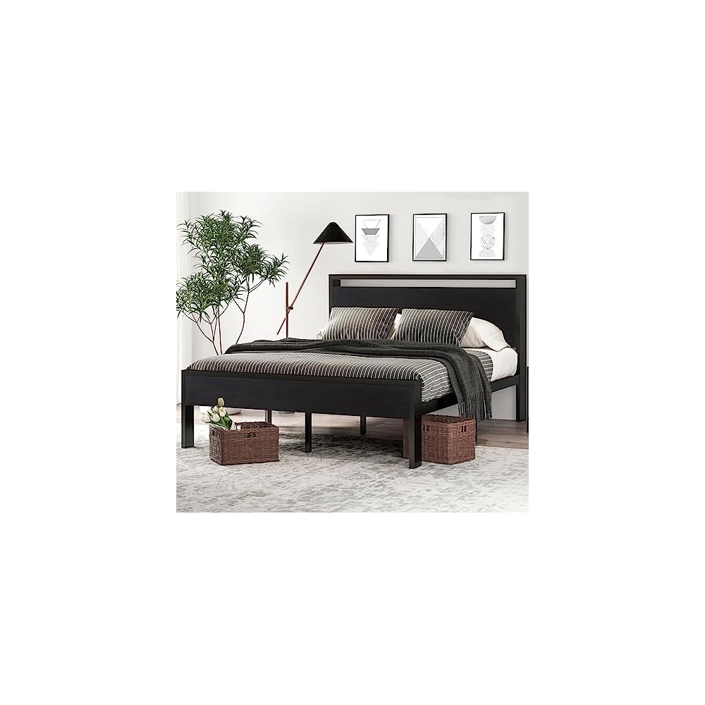Full Size Bed Frame, Wooden Headboard and Footboard, Black Oak