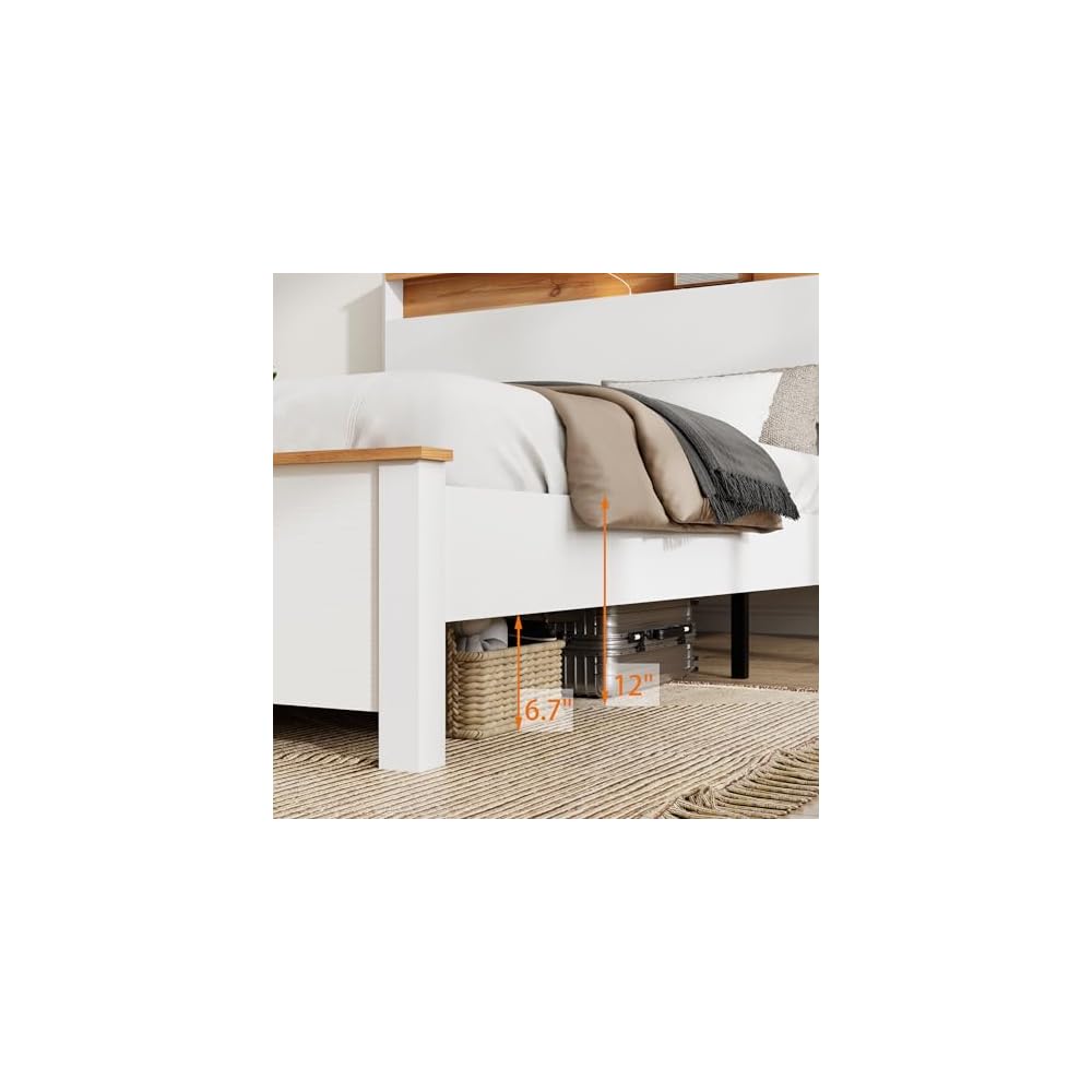 Farmhouse Wooden Bed Frame with Storage Headboard and Touch LED for Bedroom, Queen Size Platform Bed with Dual USB Ports and Metal Slats Support, No Box Spring Needed
