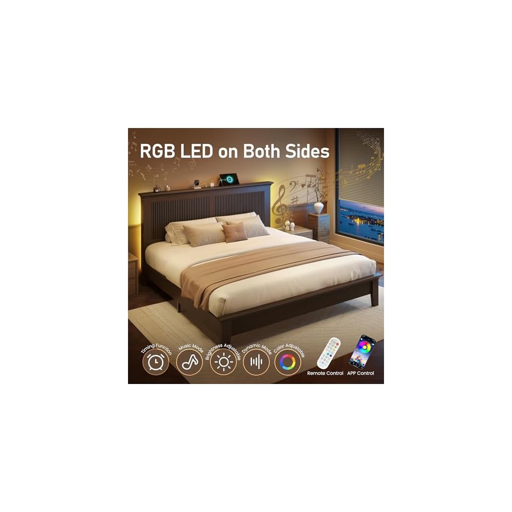 Wood Queen Bed, Solid Wood Bed With Tall Headboard, American Vintage Design, Queen Bed With Charging Station & RGB LED, Wood Slats Support, Noise-Free, Sturdy Structure, Easy Assembly, Walnut