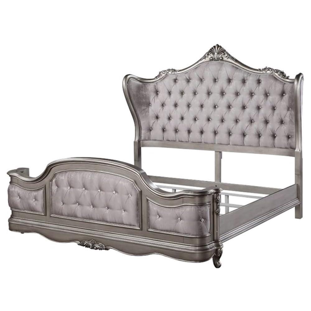 Ariadne Eastern King Bed in Velvet & Antique Platinum Finish