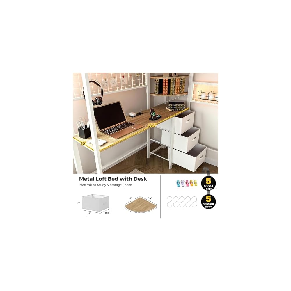 Loft Bed with Desk and Stairs, Headboard, Outlet (White, Full)