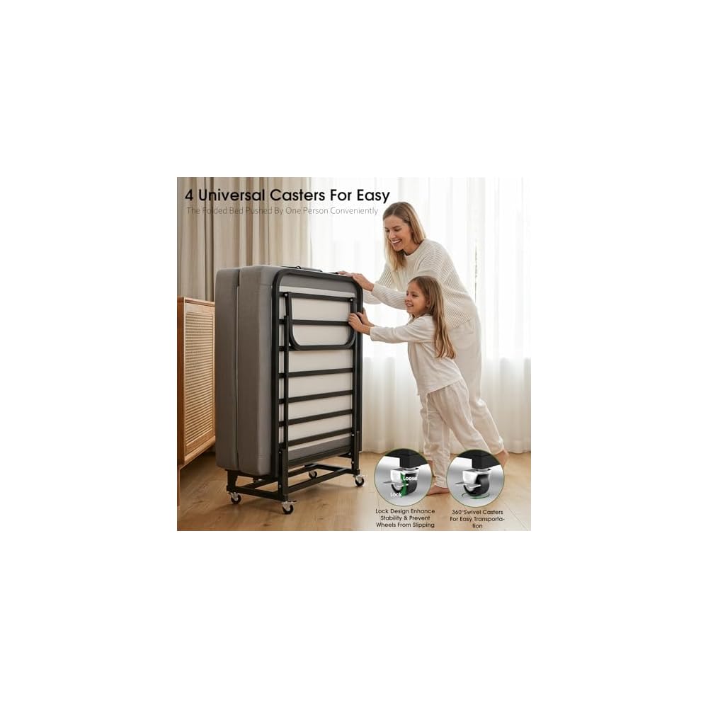 Folding Bed, Portable Foldable Roll Away Bed on Wheels, 75" x 31"