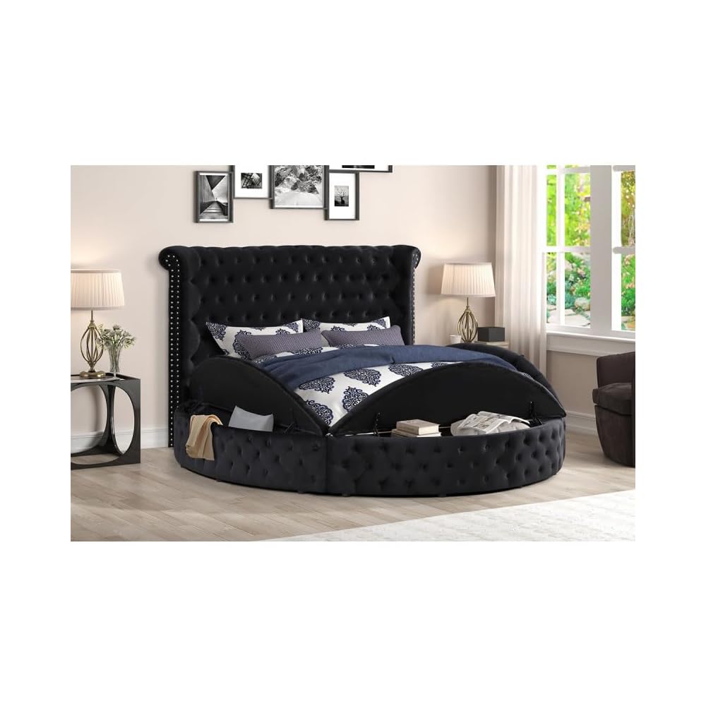 Velvet Tufted Platform Storage Bed, Circle Bed with Button Tufting, Storage Compartments in Rails and Footboard (Black, Eastern King)