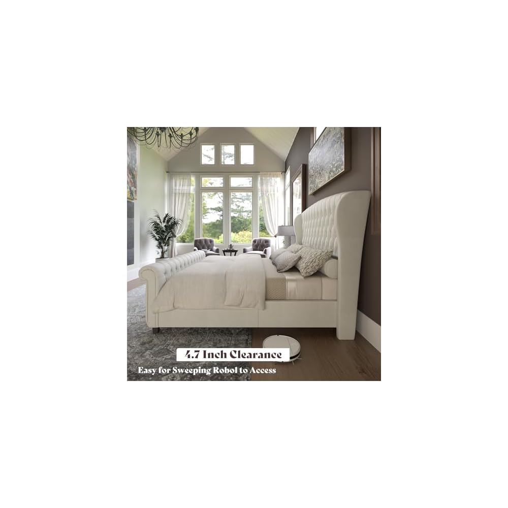 California King Upholstered Sleigh Bed Frame with Headboard