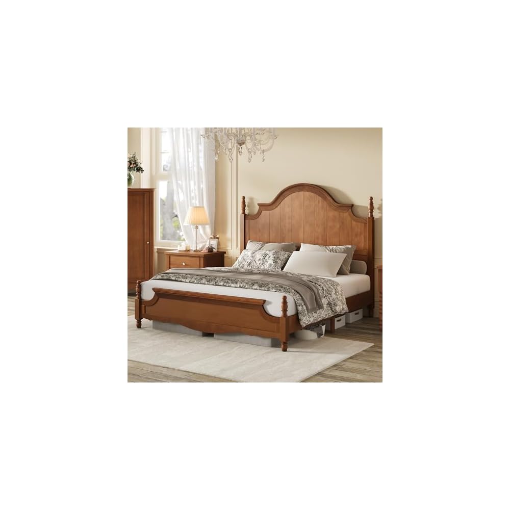 King Solid Wood Poster Bed with Arched Headboard, Brown