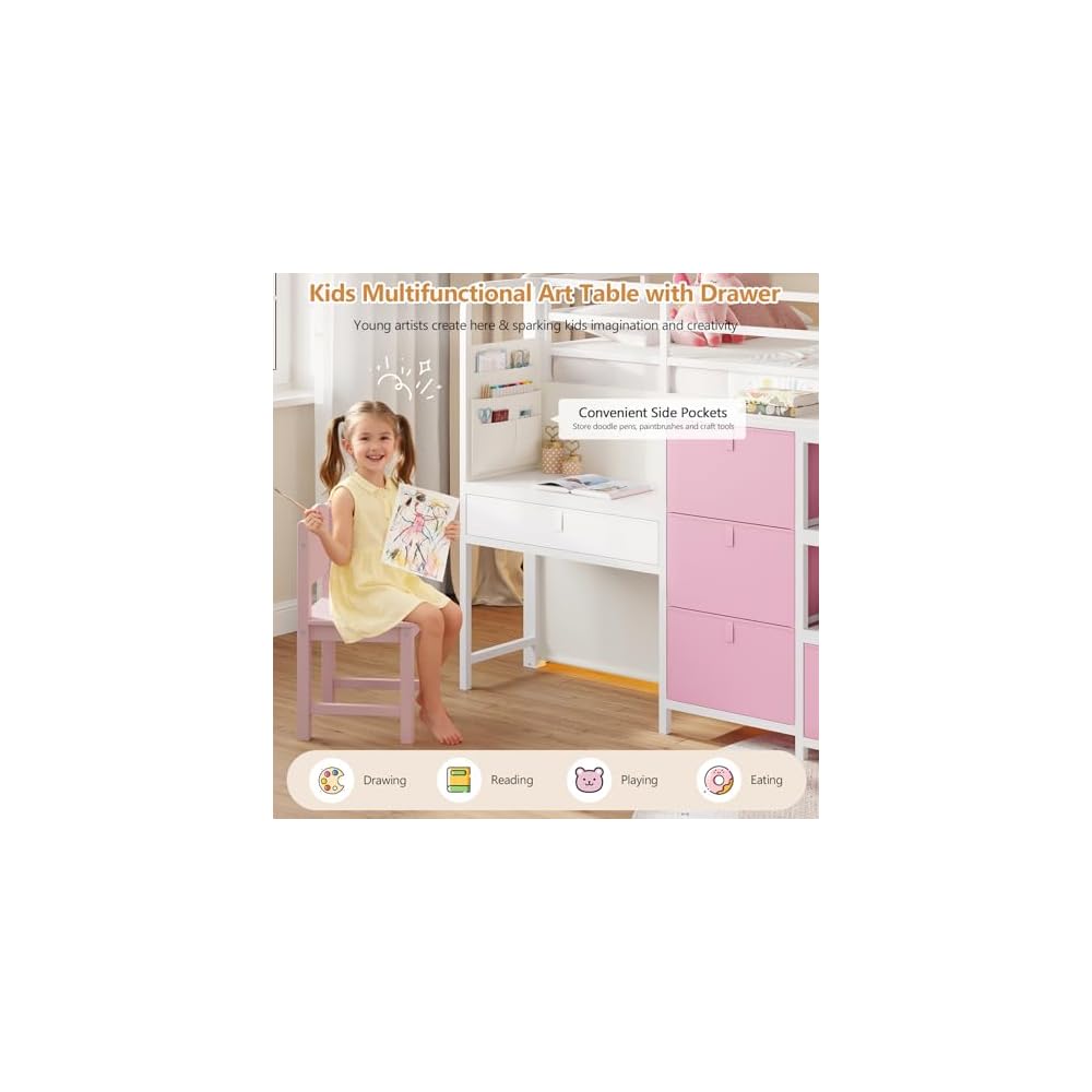 Low Loft Bed with Desk and 6 Storage Drawers Twin Loft Bed with Bookshelf,LED Lights & Under-Bed Play Space,Kids Twin Beds with 13.8''H Safety Guardrail,Inclined Ladder&Play Curtain,Pink+White