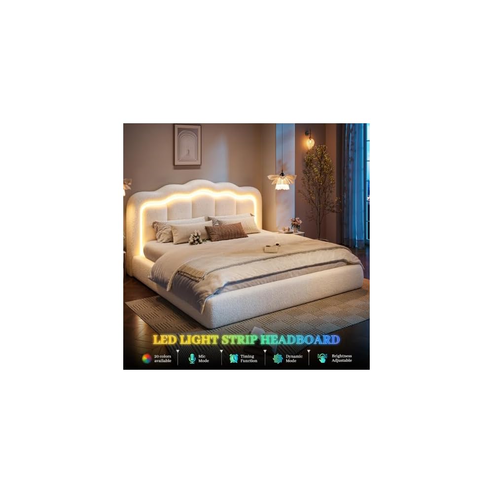 Cloud Bed Frame King Size 360° Upholstered Platform Bed, White