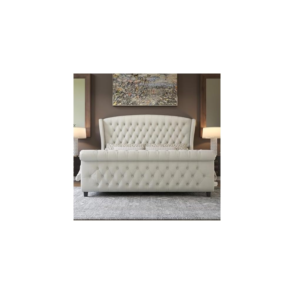 California King Upholstered Sleigh Bed Frame with Headboard
