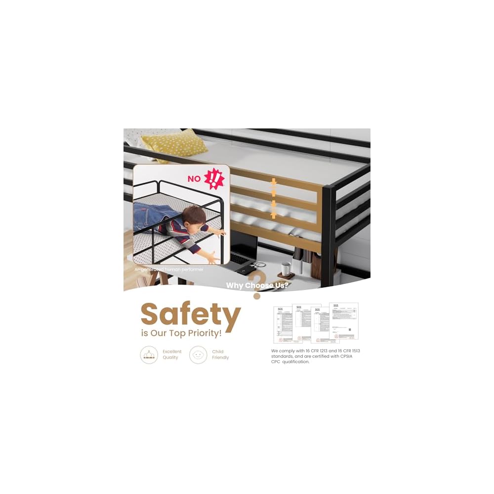 Loft Bed Twin Size with Ladder and Guardrail,Black