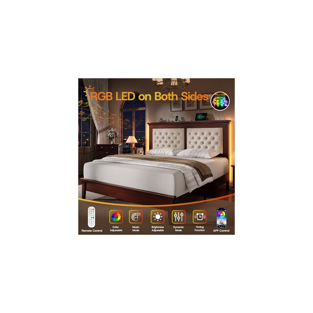 Solid Wood Queen Bed Frame 41.5” Tall Diamond-Tufted Upholstered Headboard, American Classic Flat-Top Bed, Stable Structure, Wood Slats Support, Noise-Free, No Box Spring Needed, Redish Brown