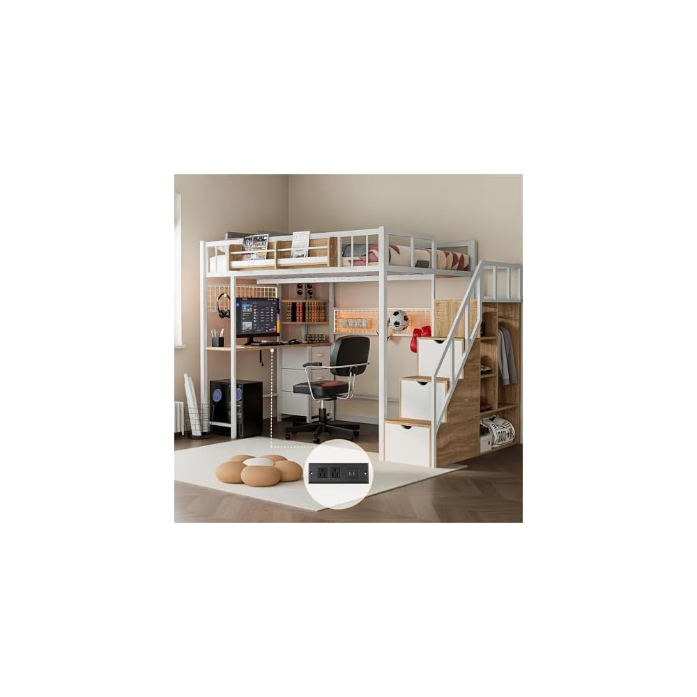 Loft Bed with Desk and Stairs, Headboard, Outlet (White, Full)