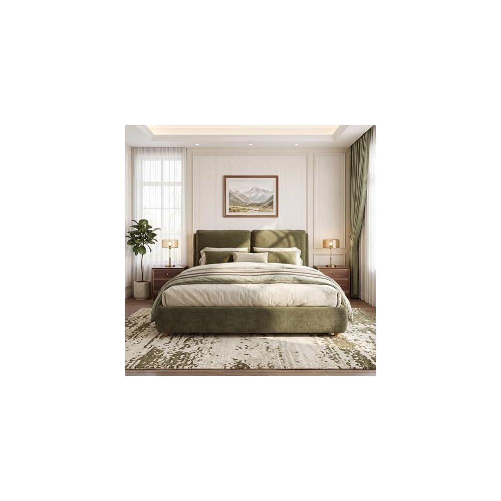 California King Linen Blend Platform Bed with 2 Pillows, Olive Green