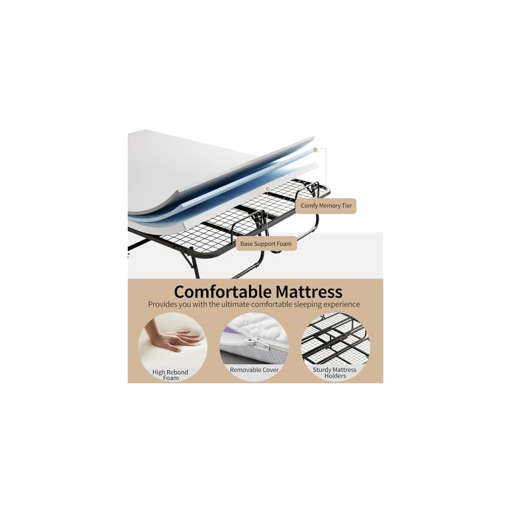 Folding Bed with 5" Memory Mattress, 75"×54" Full Size Double Portable Bed for Adults, Roll Away Foldable Beds on Wheels for Guest,Hideaway,Save Space