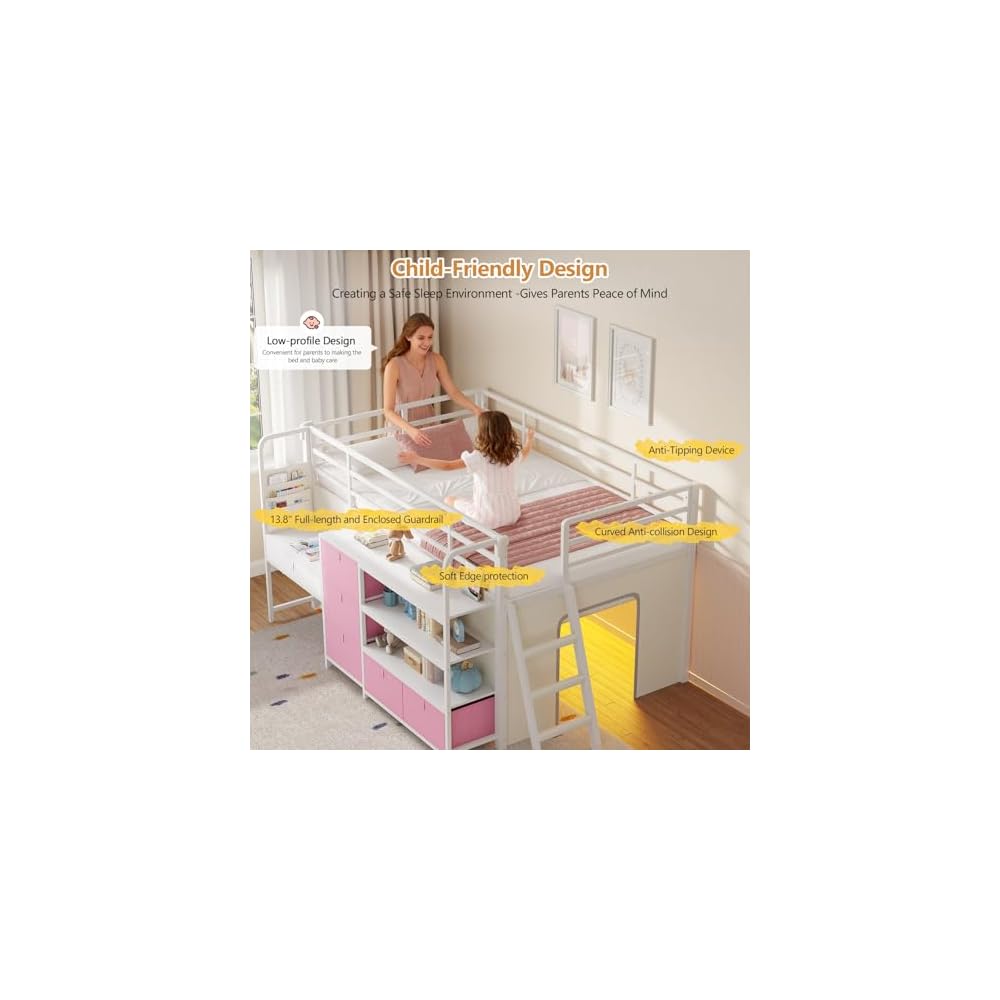 Low Loft Bed with Desk and 6 Storage Drawers Twin Loft Bed with Bookshelf,LED Lights & Under-Bed Play Space,Kids Twin Beds with 13.8''H Safety Guardrail,Inclined Ladder&Play Curtain,Pink+White
