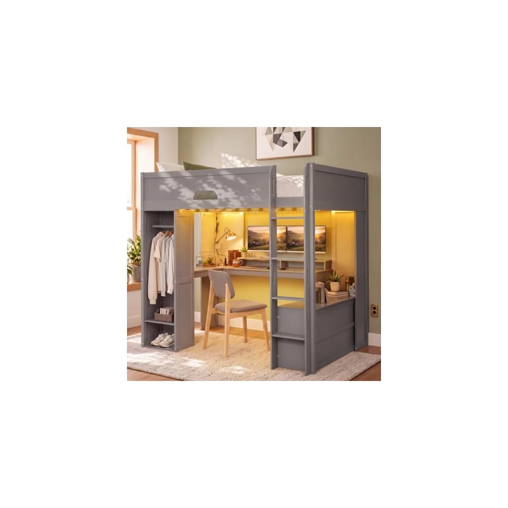 Full Size Wood Loft Bed with L-Shaped Desk, Storage Cabinet, Gray