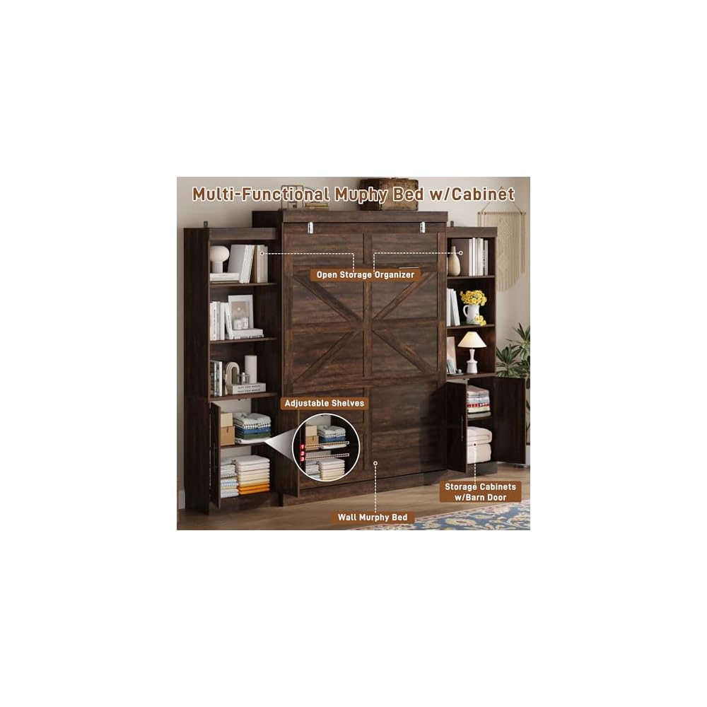 Queen Size Murphy Bed w/2 Storage Cabinet&2 LED Light, Farmhouse Wood Hidden Foldable Wall Bed Frame, Storage Bed Cabinet for Bedroom, Office, Space-Saving, No Box Spring Needed, Brown
