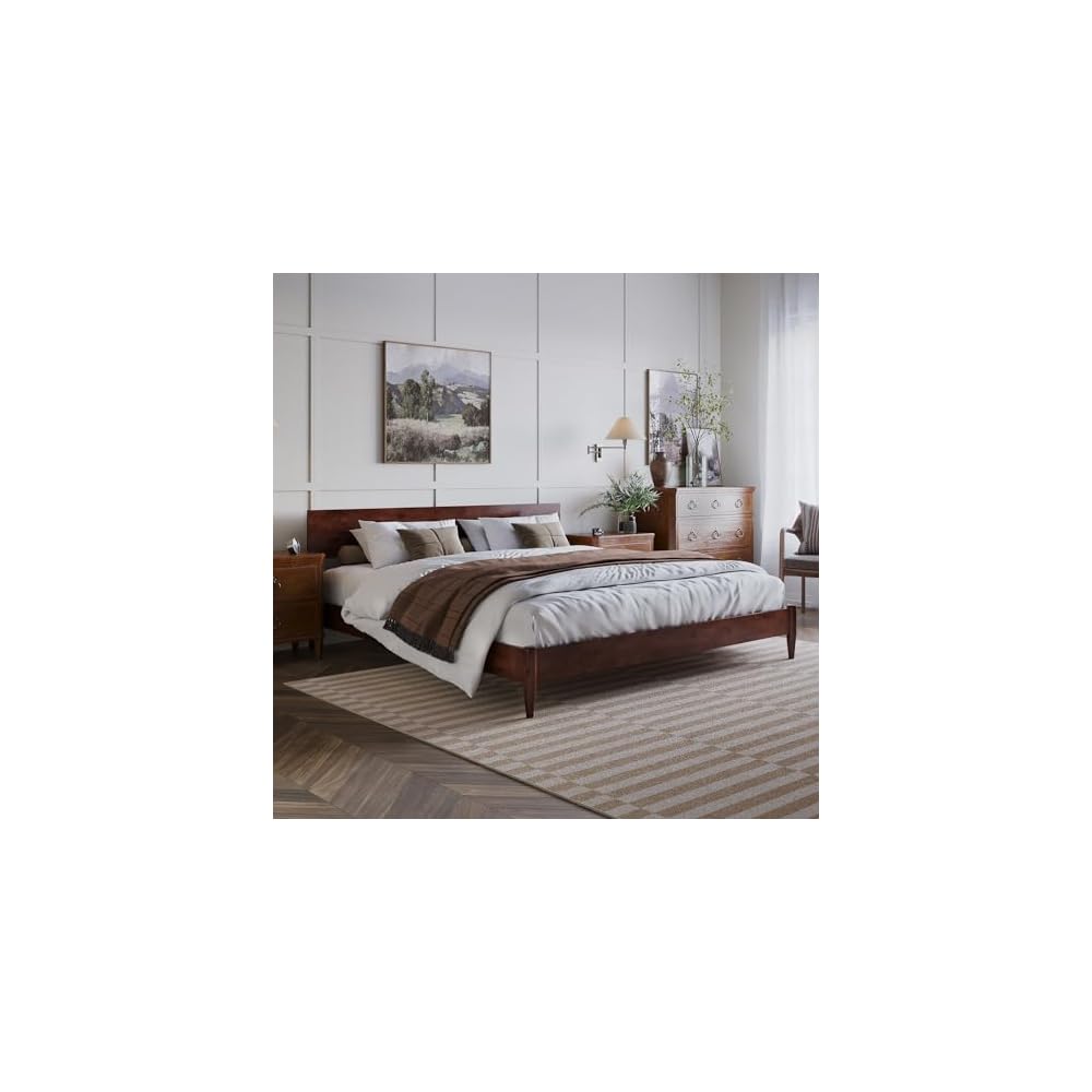 Aria King Solid Wood Modern Low Profile Platform Bed, Walnut