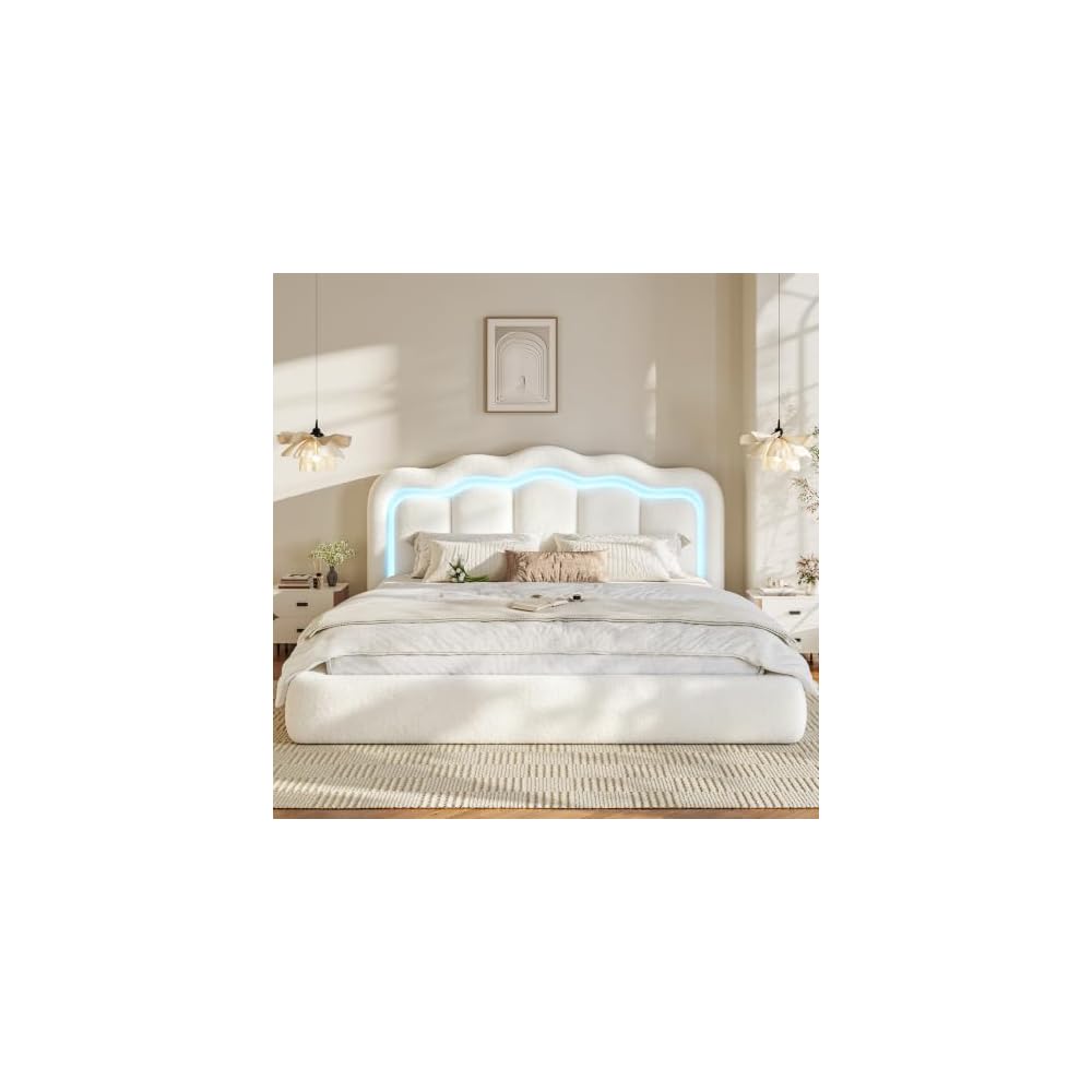 Cloud Bed Frame King Size 360° Upholstered Platform Bed, White