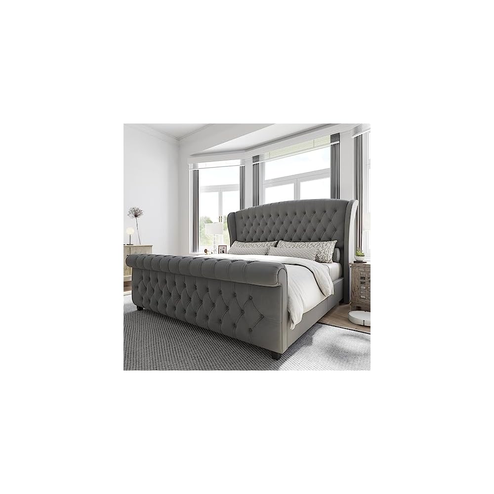 Queen Size Upholstered Sleigh Bed Frame with Wingback Headboard