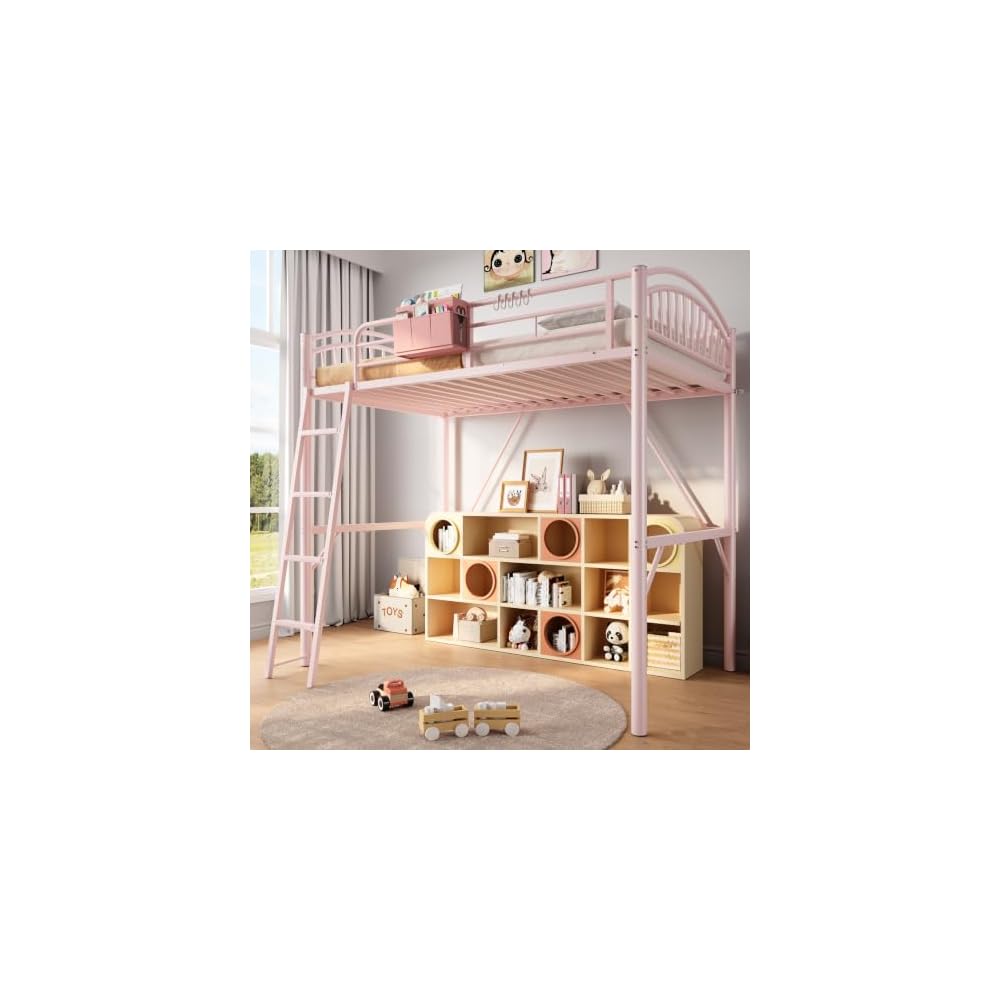 Twin Loft Bed with Convertible Ladder & Storage Bag,Safety Guardrails, Pink