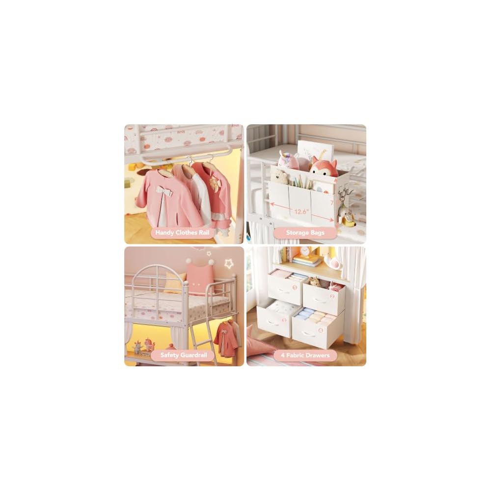 Twin Low Loft Bed with Desk & 4 Storage Drawers, Smart LED Lights, White