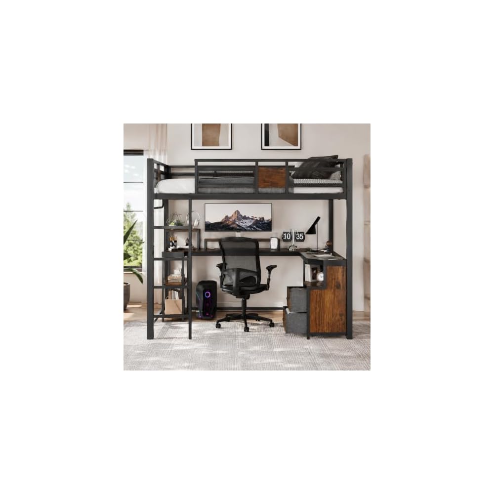 Queen Loft Bed With Desk And Storage Drawers Space Saving Metal Bed Frame