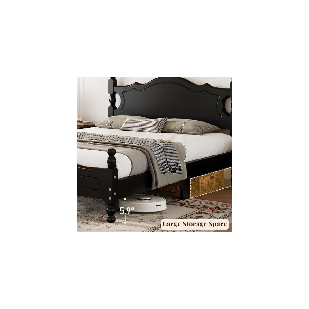 Full Size Black Wood Bed Frame with Vintage Headboard, Gothic Style Wooden Platform Full Bed with Wood Slat Support, Retro Black Bed Frame for Bedroom Guest Room, Easy Assembly