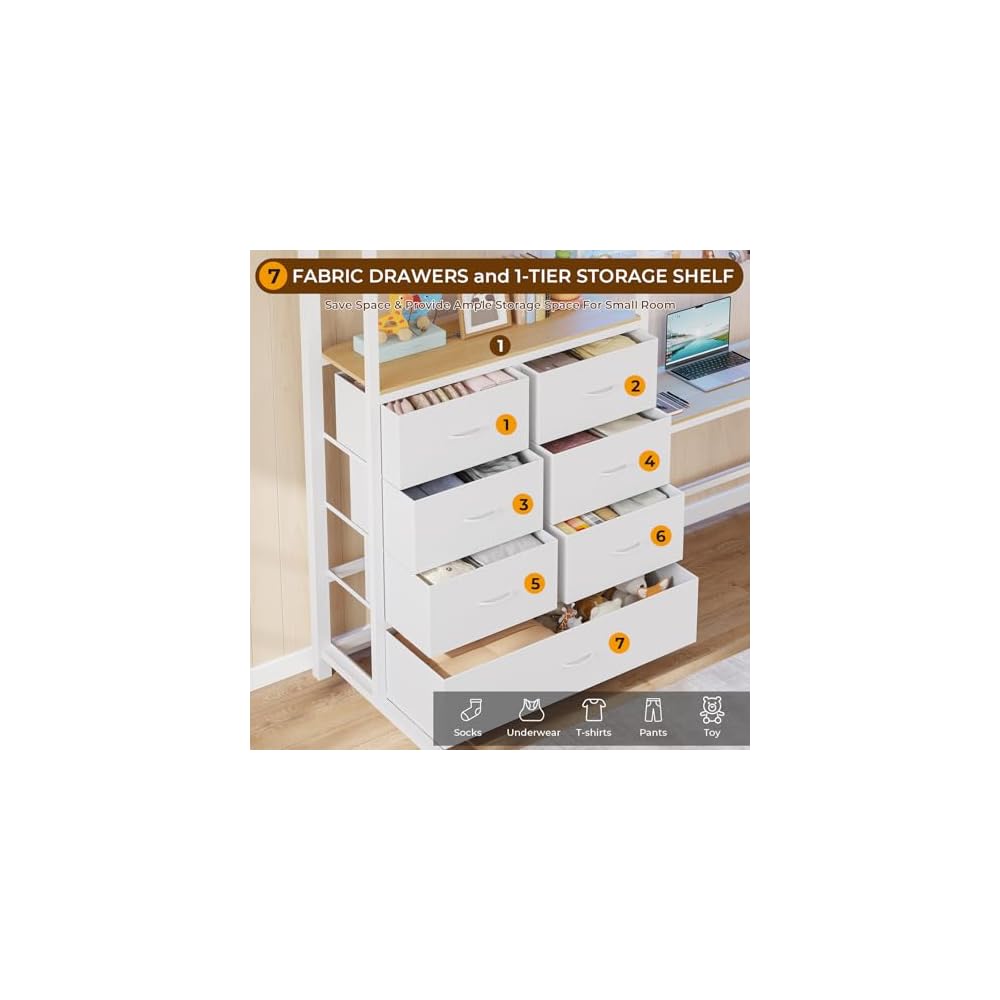 Full Loft Bed with L-Shaped Desk and 7 Storage Drawers, Metal Full Size Loft Bed for Teen with LED Lights and Charging Station,13.11" H Safety Guardrail and Ladder,No Box Spring Needed, White