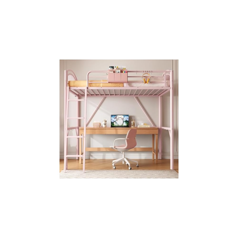 Twin Loft Bed with Convertible Ladder & Storage Bag,Safety Guardrails, Pink