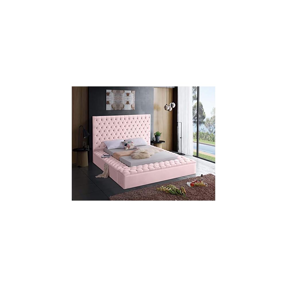 Bliss Collection Modern | Contemporary Velvet Upholstered Bed with Deep Button Tufting and Storage Compartments in Rails and Footboard, Pink, Queen