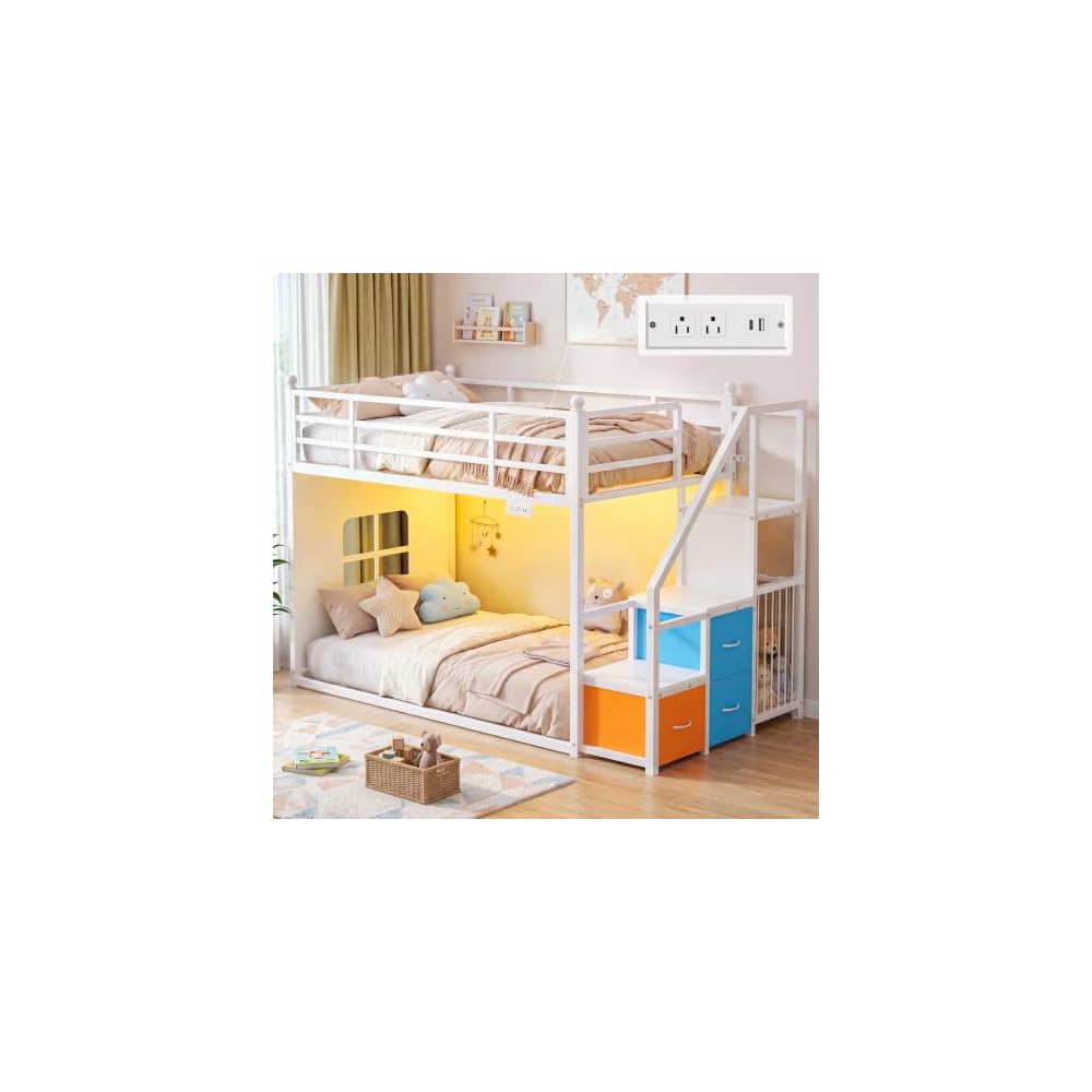 Low Bunk Bed Twin Over Twin with Stairs and 3 Storage Drawers, White