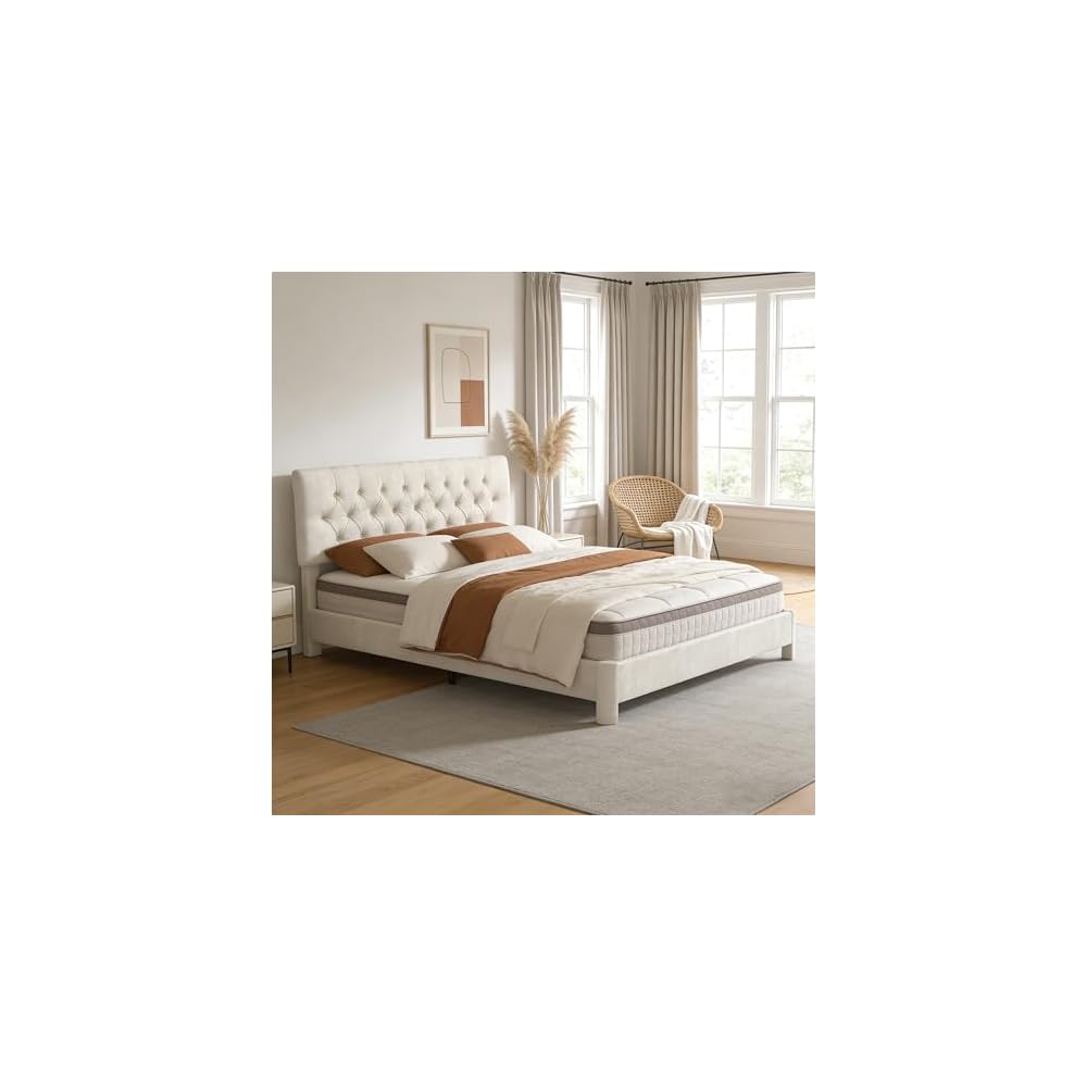 Queen Size Bed Frame with Headboard, Luxury Velvet Fabric Upholstered Bed frame with Button Tufted Design, Strong Wooden Slats Support - Low & Sturdy, Noise-Free, No Box Spring, Easy Assembly, Beige