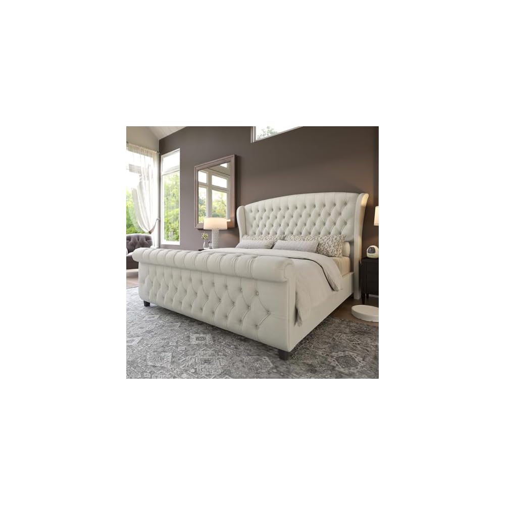 California King Upholstered Sleigh Bed Frame with Headboard