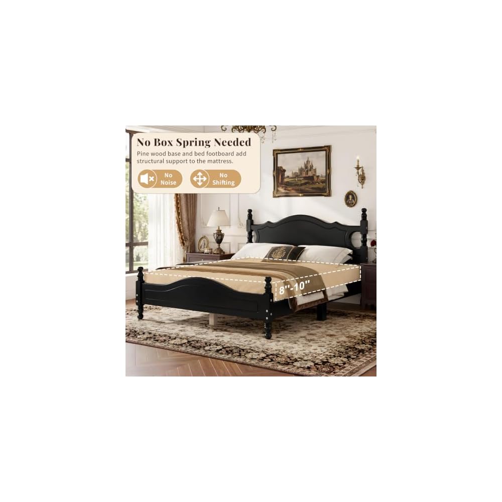 Full Size Black Wood Bed Frame with Vintage Headboard, Gothic Style Wooden Platform Full Bed with Wood Slat Support, Retro Black Bed Frame for Bedroom Guest Room, Easy Assembly