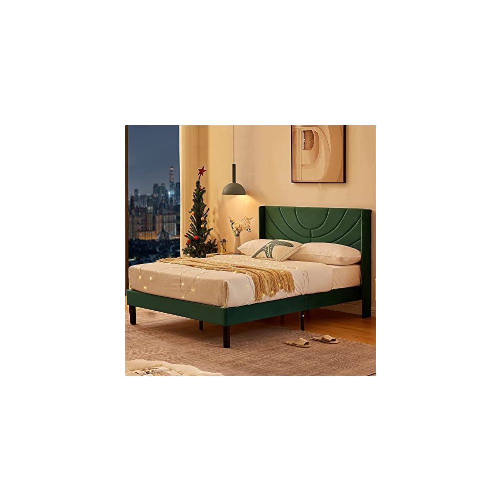 Queen Bed Frame Upholstered Platform with Fabric Headboard,Wooden Slats Support/No Box Spring Needed/Mattress Foundation,Dark Green