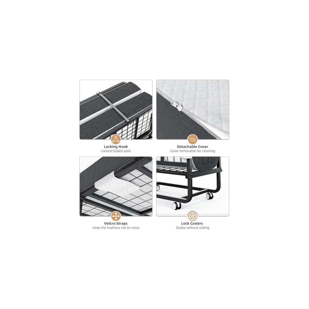 Folding Bed with Mattress and Storage Cover - 75"x38" Twin Size Frame, Portable Rollaway Guest Bed with 5-inch Memory Foam Mattress, Space-Saving Foldable Design for Easy Storage