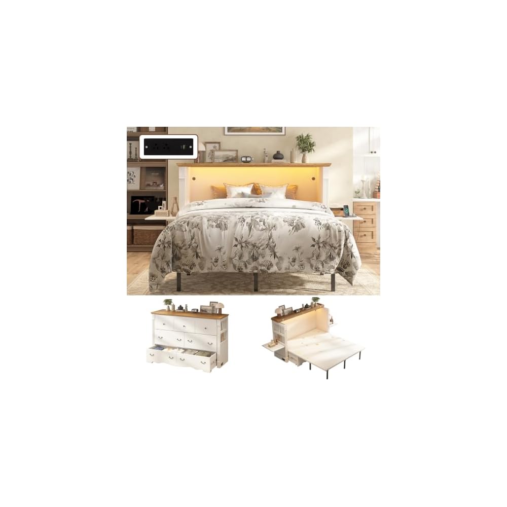 Queen Murphy Cabinet Bed with Bedside Desk, Storage Shelves and LED, White