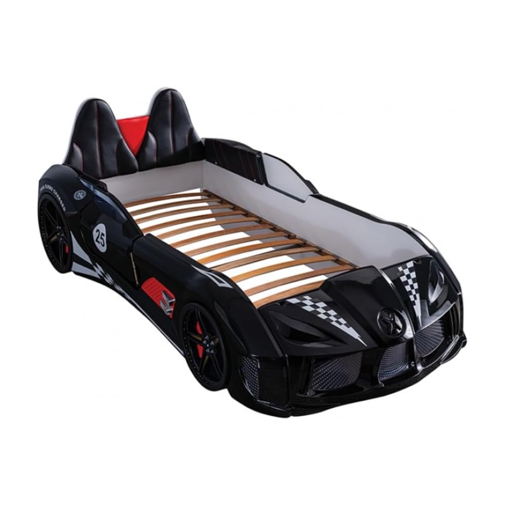 Race Car Twin Size Bed Frame for Boys with LED Lights, Music Player & Magnetic Doors | Kids Bedroom Furniture, Black