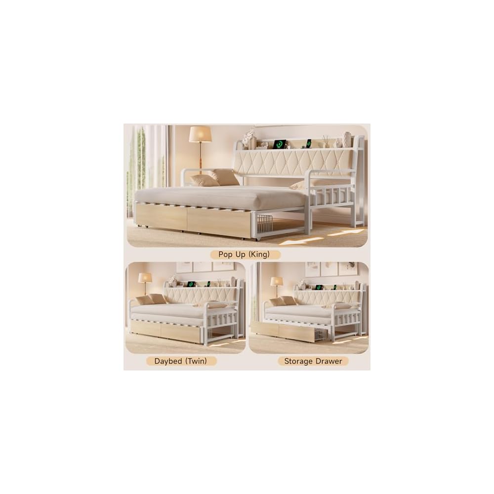 Twin Daybed with Pop up Trundle, Twin to King Daybed, White