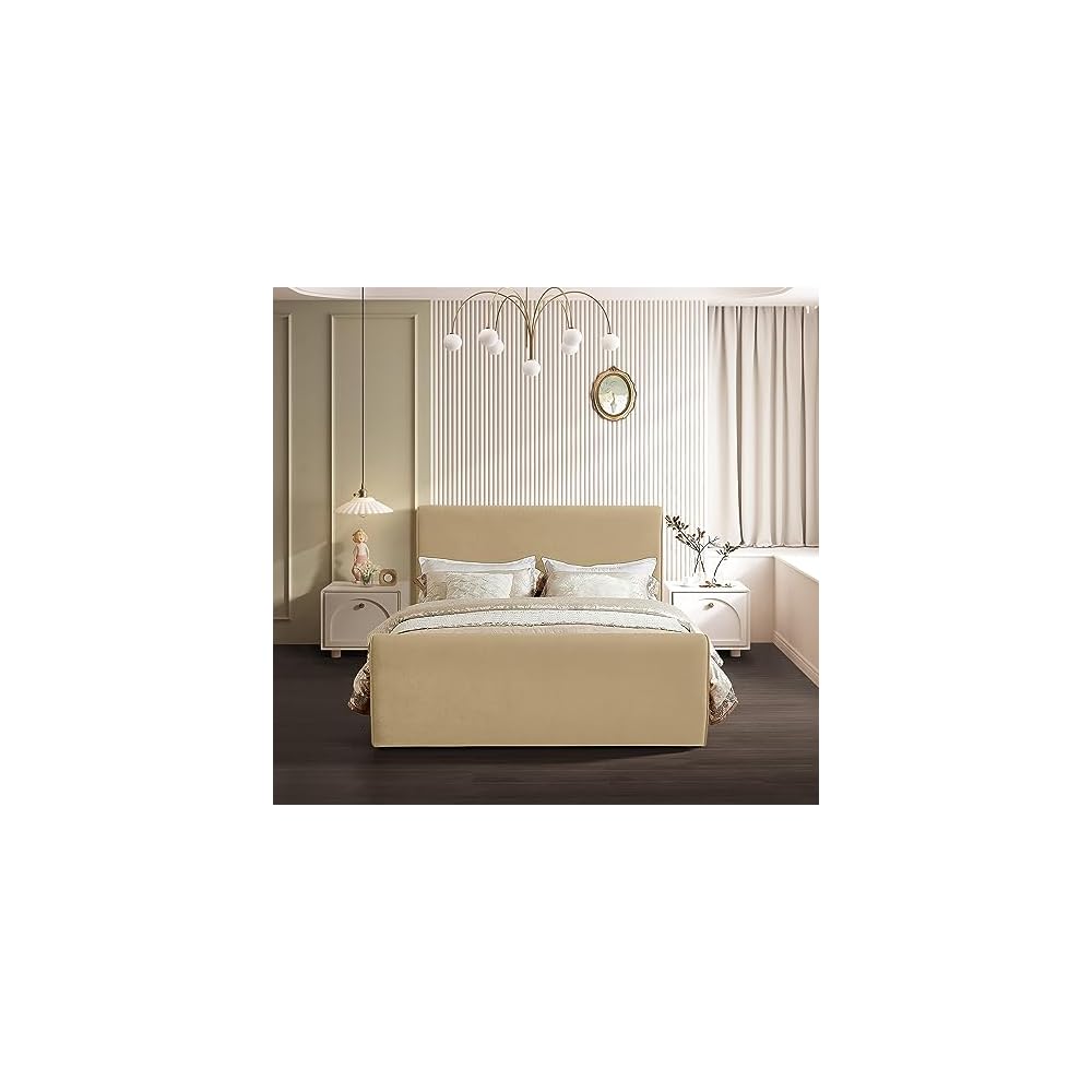 Meridian Furniture SloanCamel-K Sloan Collection Modern | Contemporary Velvet Upholstered King Bed with Rich Soft Camel Velvet, Curved Headboard and Footboard, 81" W x 92" D x 45" H, Camel, King