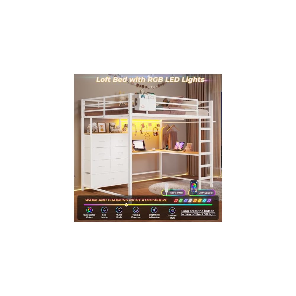 Full Loft Bed with L-Shaped Desk and 7 Storage Drawers, Metal Full Size Loft Bed for Teen with LED Lights and Charging Station,13.11" H Safety Guardrail and Ladder,No Box Spring Needed, White