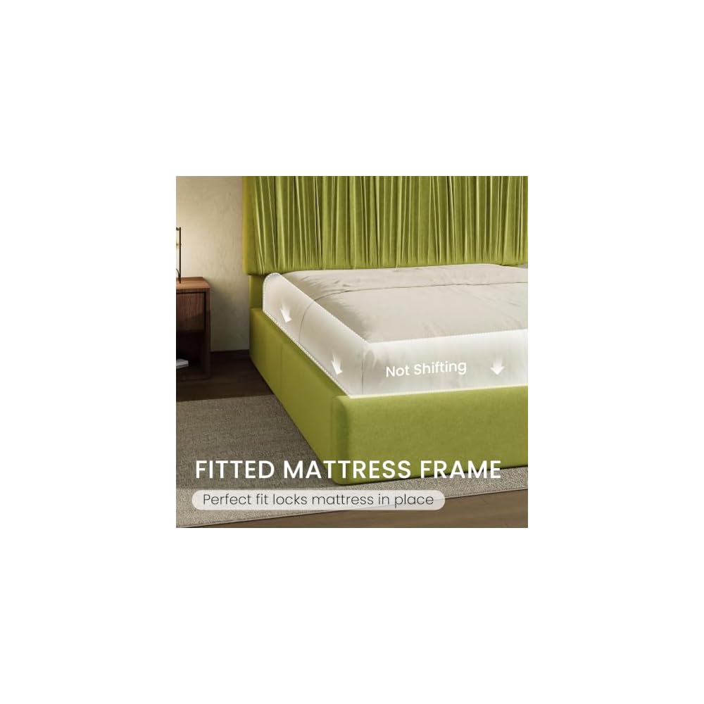 King Size Artisanal Pleated Velvet Bed Frame with Adjustable Headboard, Luxurious Upholstered Floor Platform Bed, Modern Low Profile Frame, Green