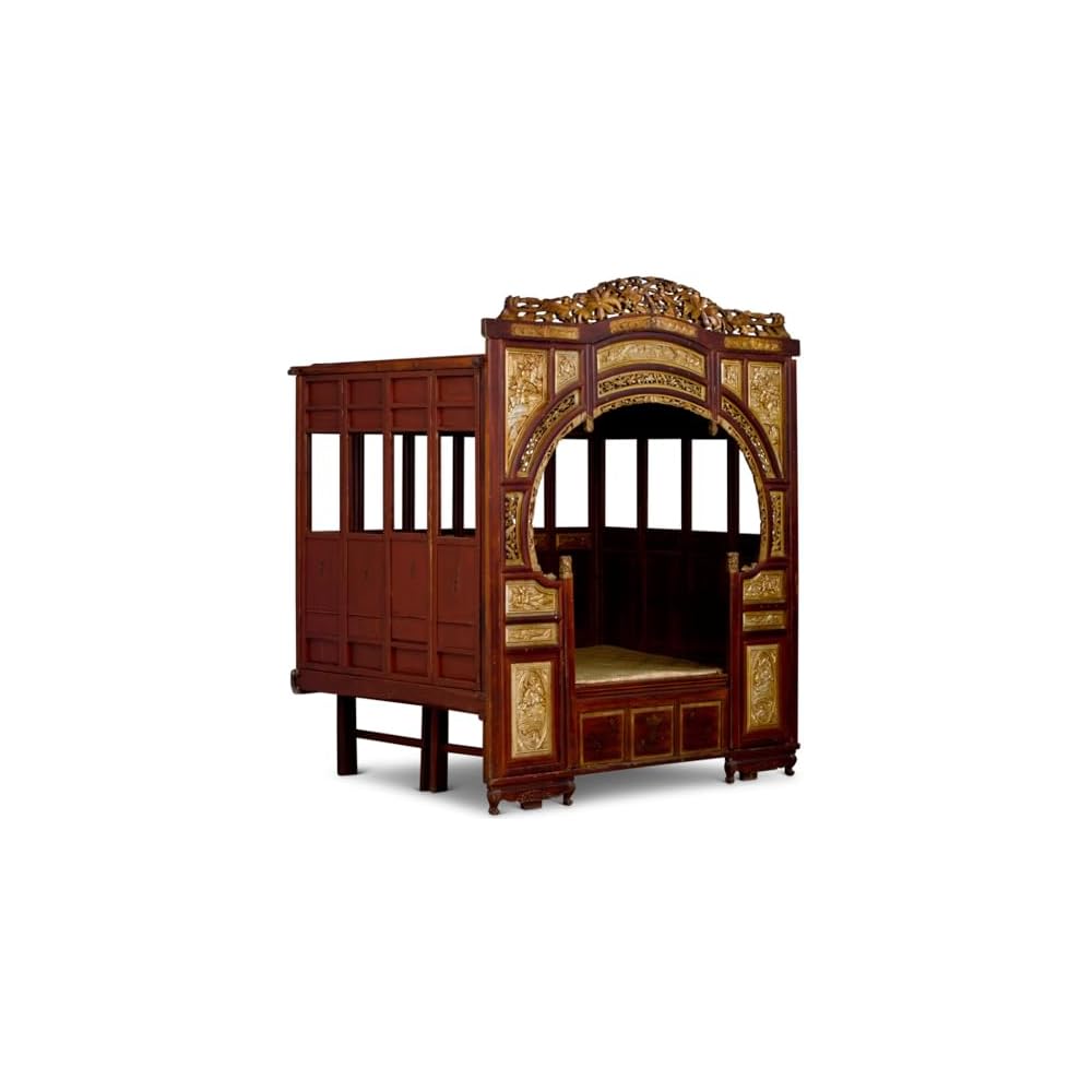 Antique Gu Fei Chinese Moon Gate Canopy Bed with Bird and Flower Motif