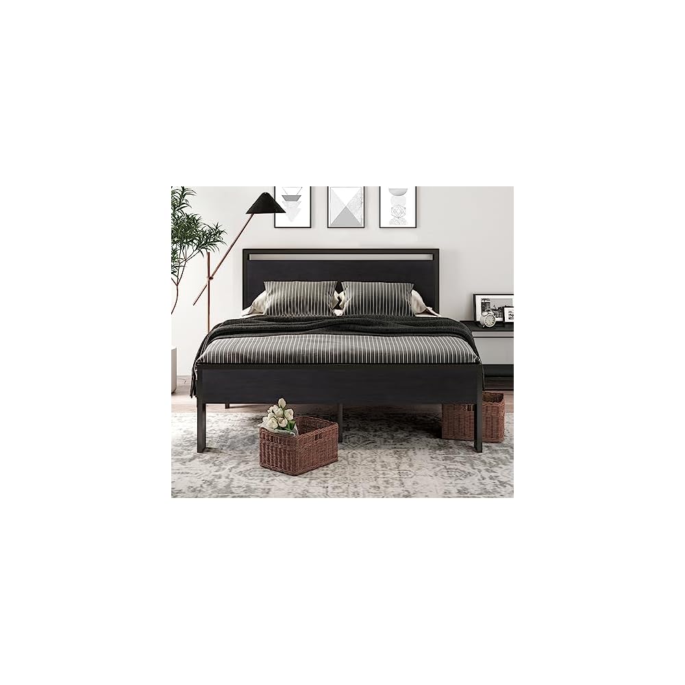 Full Size Bed Frame, Wooden Headboard and Footboard, Black Oak