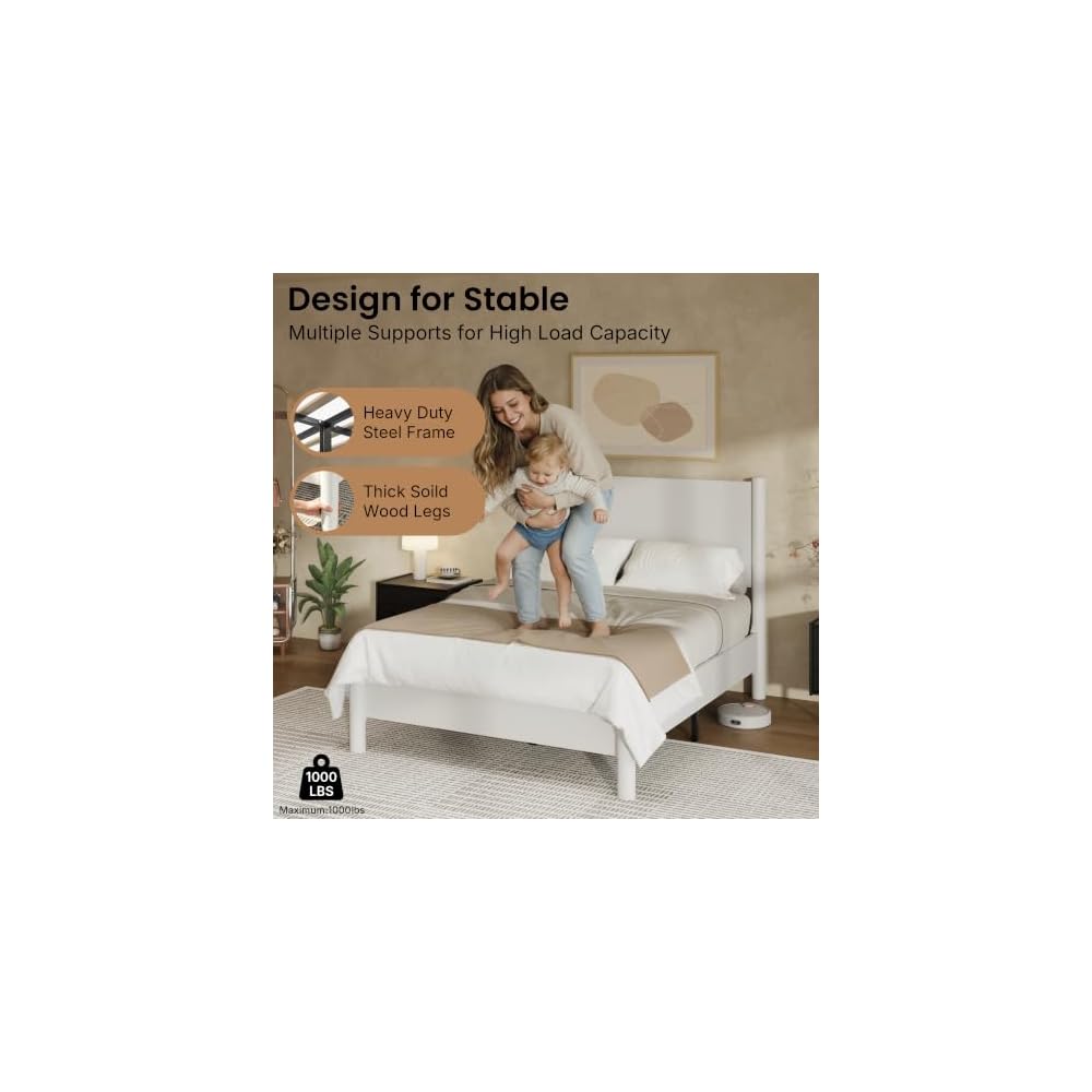 Full Size Platform Bed Frame with Wood Headboard, White