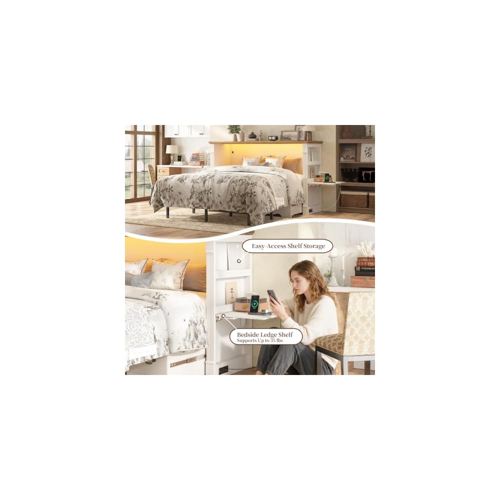 Queen Murphy Cabinet Bed with Bedside Desk, Storage Shelves and LED, White